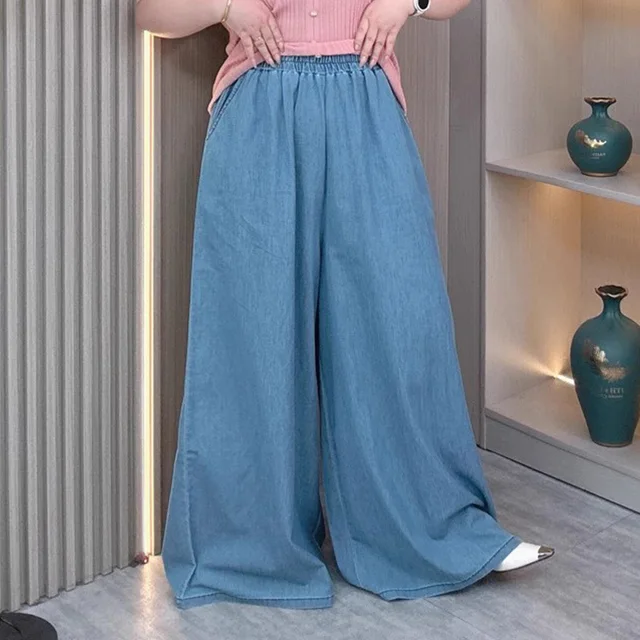 Women's Plus Size Lightweight Lyocell Jeans Culottes High Waisted Wide Leg Pants With Draped Ice Silk Fabric For Spring Summer