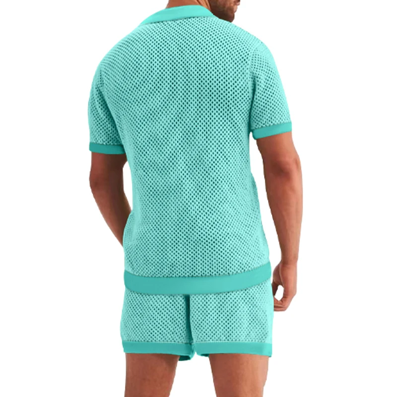 2-Piece Outfit for Men Summer Breathable Mesh Lapel Collar T-Shirt and Shorts Sets Cool Sexy Hollow Fabric Design Beach Clothing 2