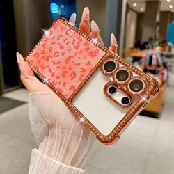 Glitter Diamond Leopard Print Phone Case with Lens Protection and Plating Shockproof Cover - Galaxy S23 Ultra (Orange)