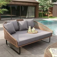 Rattan Patio Outdoor Daybed, Rattan Day Bed with Cushion Pillow & Aluminum Frame Sunbed Sofa Set Patio Loveseat 1