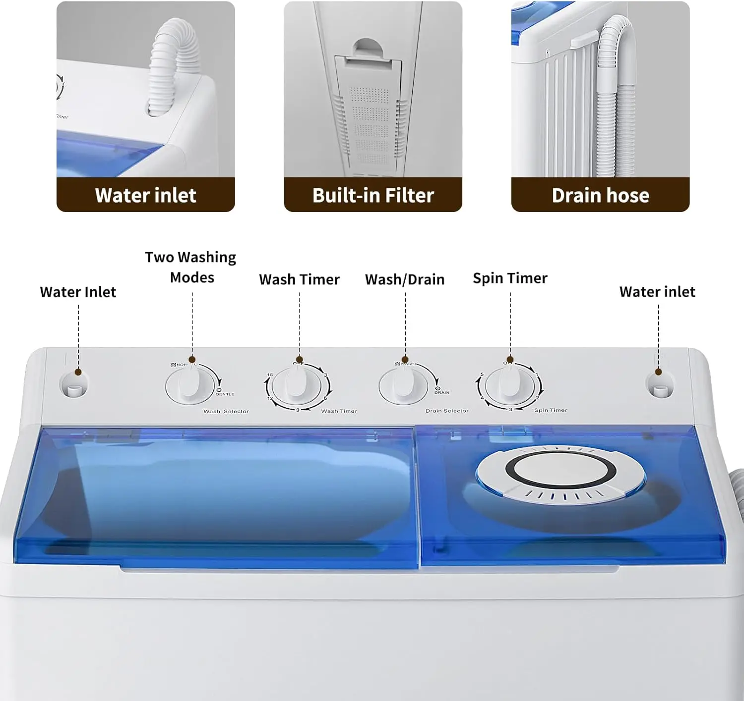 Washing Machine, Twin Tub Washing Machine Laundry Compact Washer spinner Combo with 40lbs capacity, 24Lbs Washer and 16 6