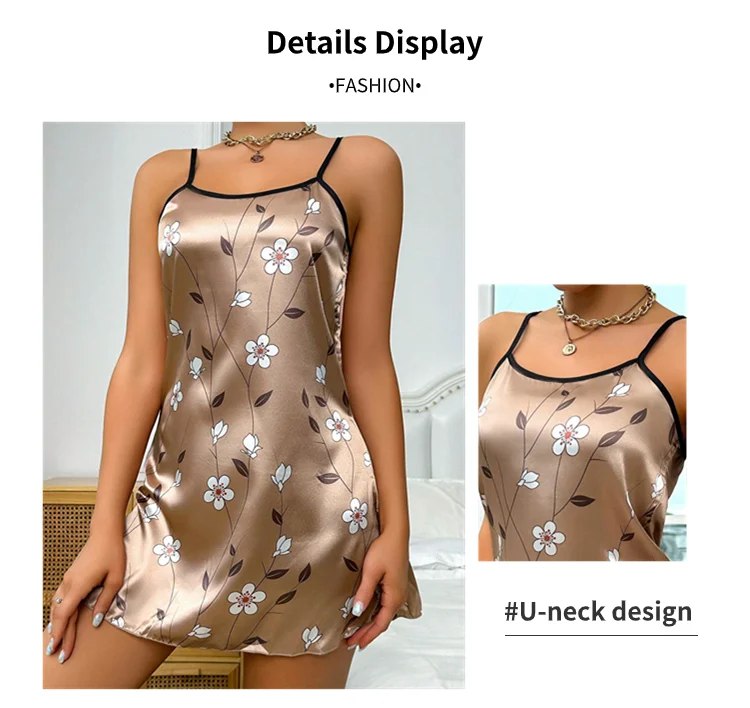 Damen Nachthemd Satin Blumen druck Nachthemd bequemes Spaghetti träger Nachtwäsche Kleid luxuriöses Satin Slip Nachthemd – Detail 14