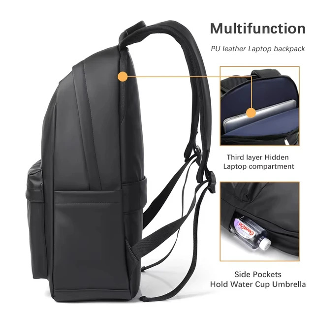 New Fashion Men PU Leather Backpack Black School Bags for Teenager 15.6 Inch Laptop Backpacks Mochila Masculina High Quality 3