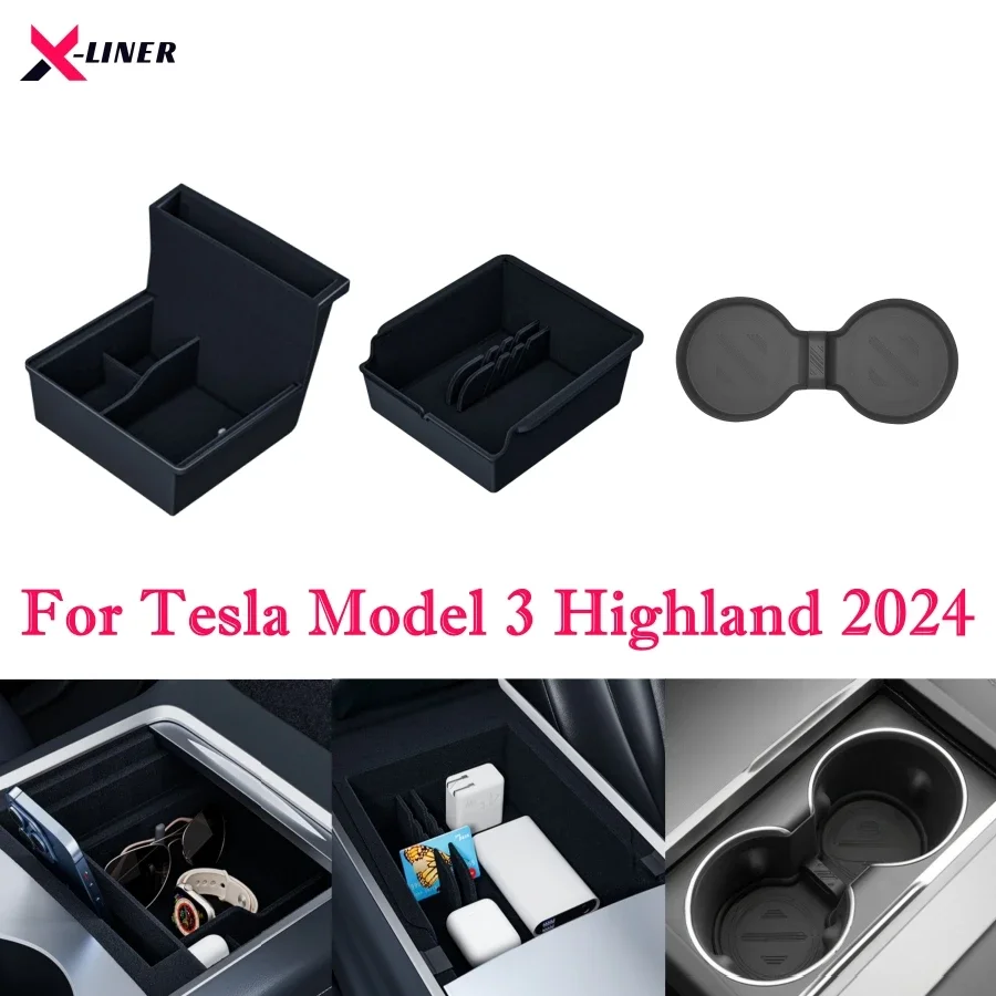 

For Tesla Model 3 Highland 2024 Center Console Organizer Tray Flocked Armrest Drawer Hidden Storage Cup Holder Limiting Stopper