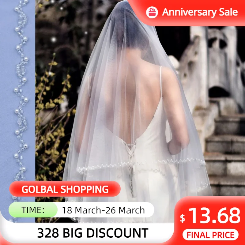 

v121 Drop Bridal Veil Crystal Edge Bride Wedding Veil 2 Tier Hip Length Pearls Beaded Wedding Dresses Accessories Cover Face