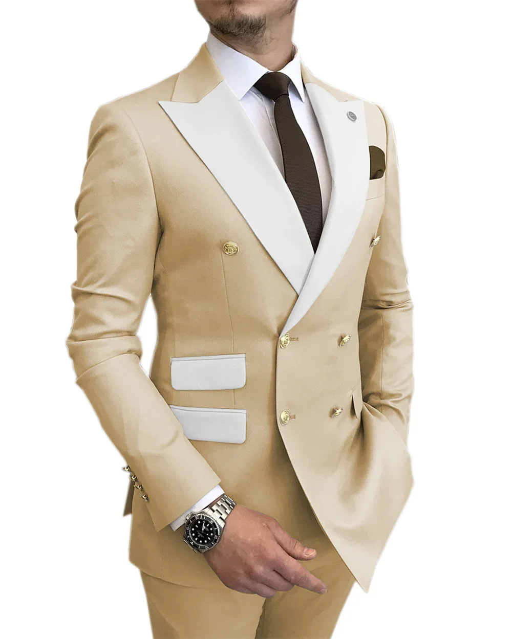New Men Suit Red Slim Double-breasted White Lapel Fashion Groom Best Man Wedding Party Suit (Blazer + Pants)