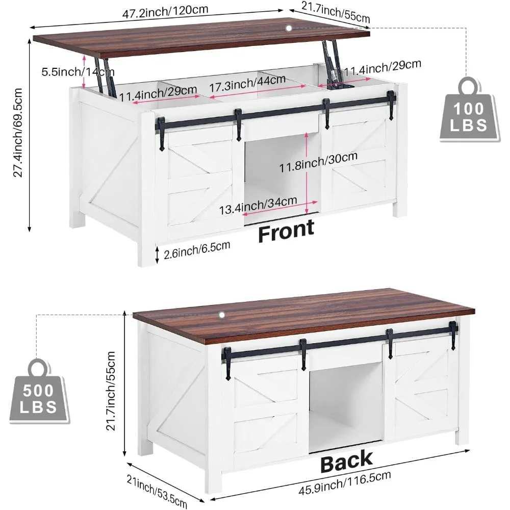 Lift Top Coffee Table,Coffee Table with Storage,47" White Coffee Table with Lifting Top, Lifting Tabletop with Sliding Barn Door 2