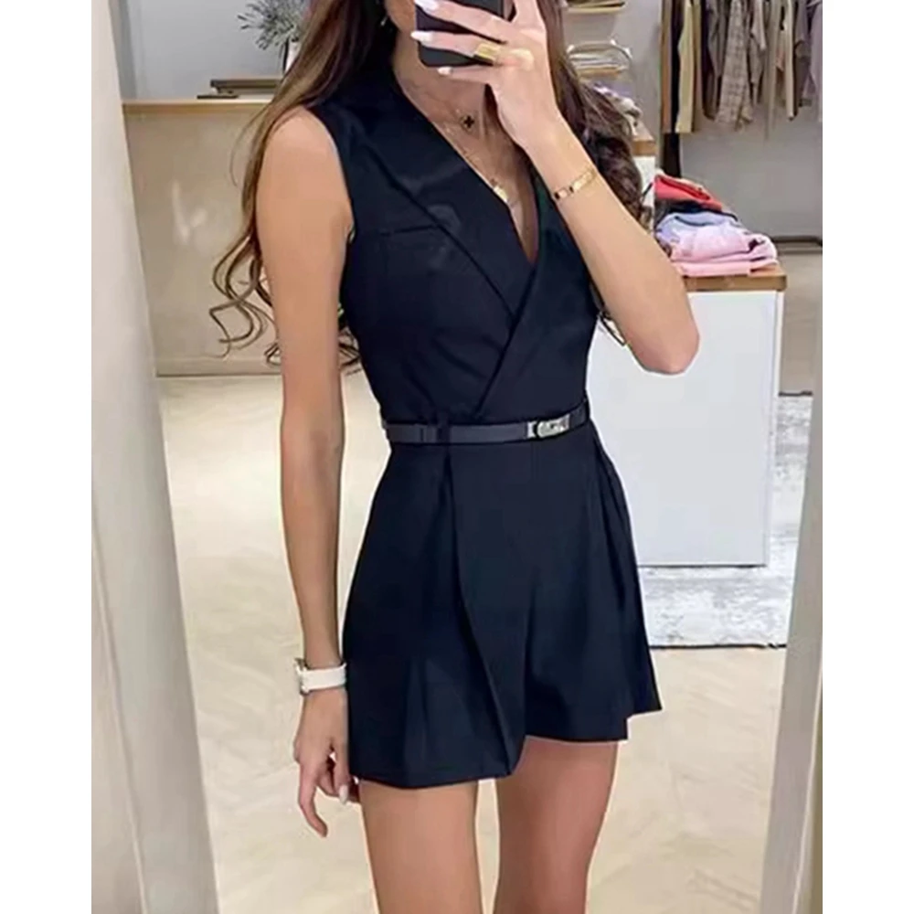 Summer Women Solid Color Ruched Blazer Romper Fashion Nothched Collar Sleeveless Playsuit for Femme Elegant Work Wear Outfits