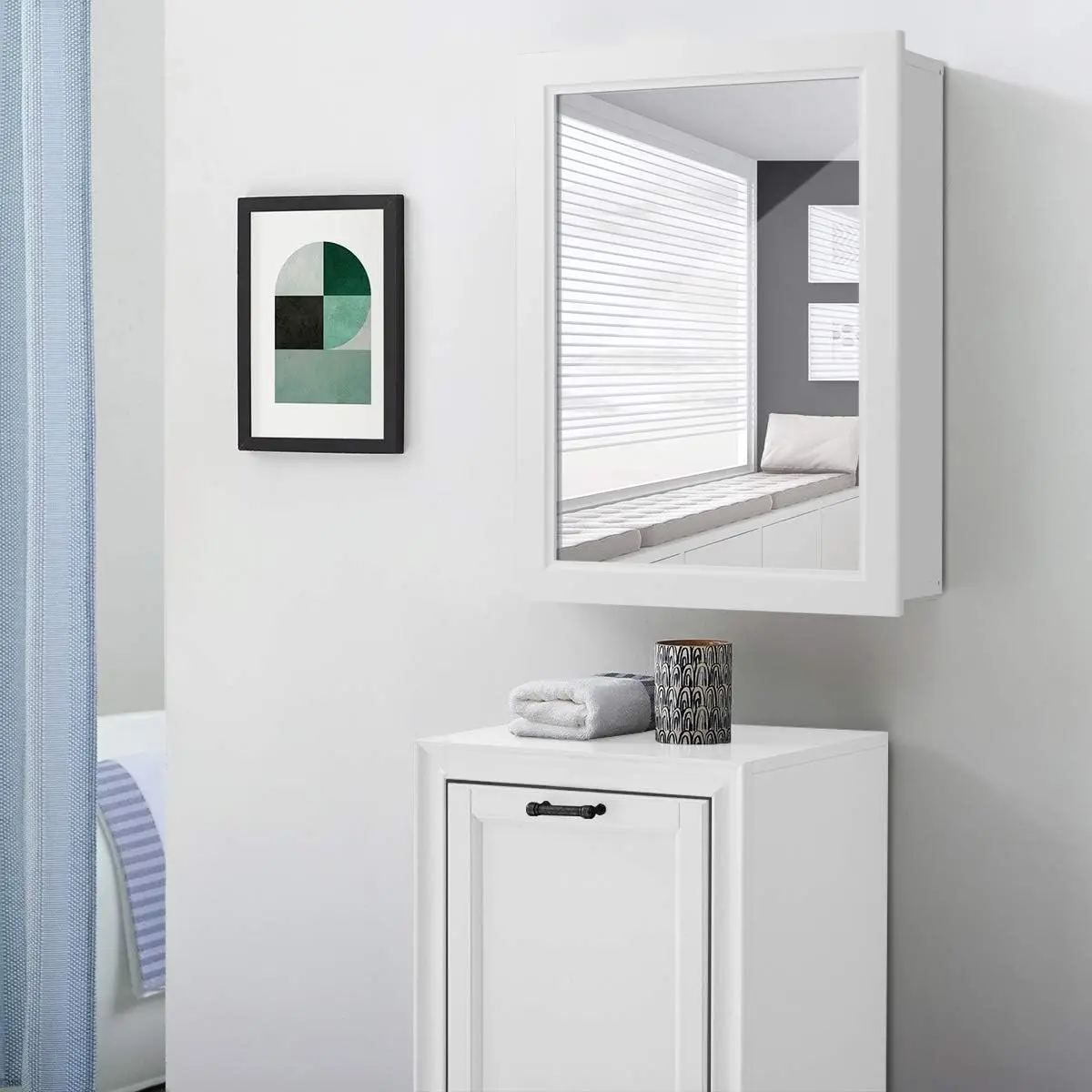 NEW Mirrored Bathroom Cabinet, Wall Mount Storage Cabinet with Single Doors,Hanging Medicine Cabinet for Bathroom (White) 2