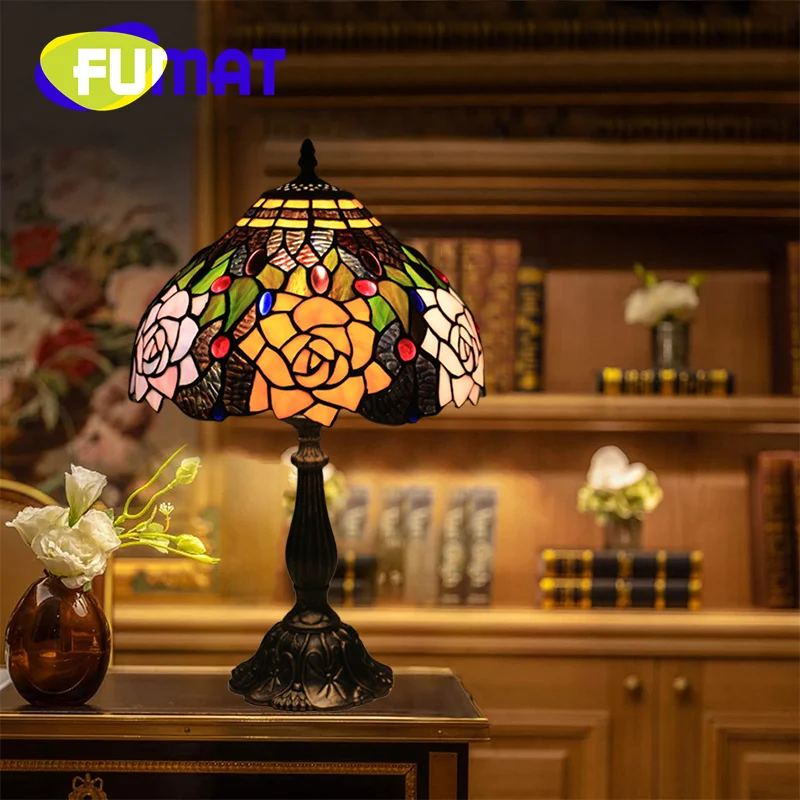 

FUMAT Tiffany style stained glass pink purple gorgeous rose 12inch desk lamp living room study bedroom reading lamp LED decor