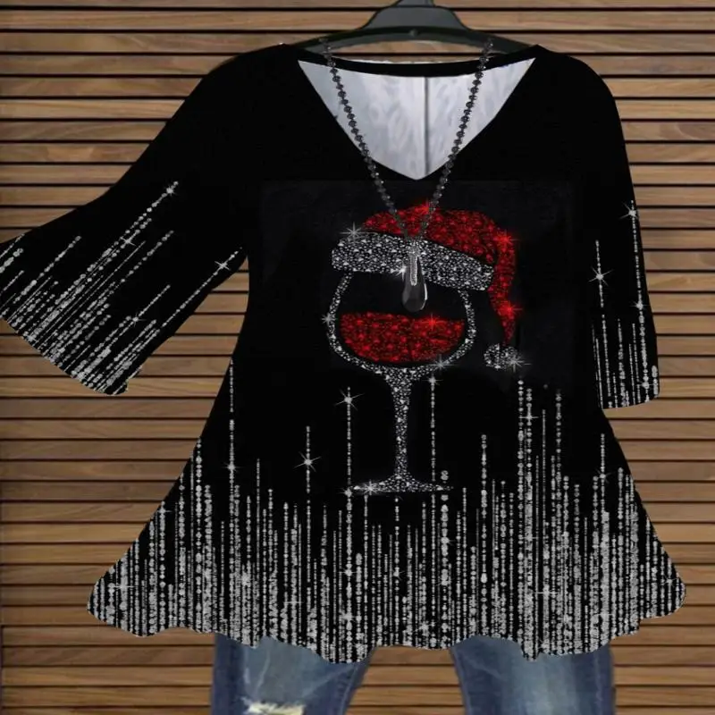 

Women's Plus Size Clothing Three Quarter Sleeves V Neck Printed Top