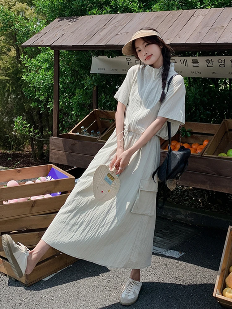 LANMREM 여성용 사파리 스타일 투피스 세트, 라펠 반팔, 지퍼 디자인 상의, 탄성 허리 스커트, 2024 여름 신상, 2Z1679