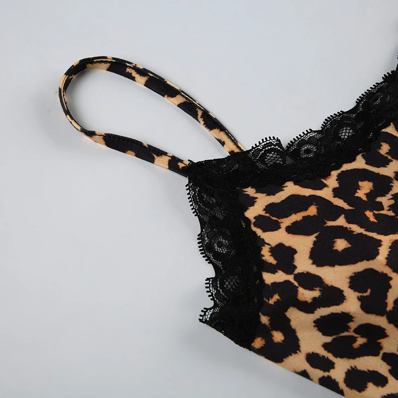 Sleeveless Skinny Sexy Leopard Rompers Contrast Lace Patchwork Camisole Bodys Women Vintage Rave Street Club Playsuit