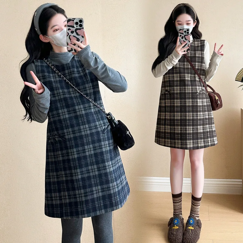 임부복 가을 한국 스타일 루즈 슬림 레트로 미니멀리스트 우아한 라운드 넥 체크 탱크 드레스와 언더셔츠 투피스 세트