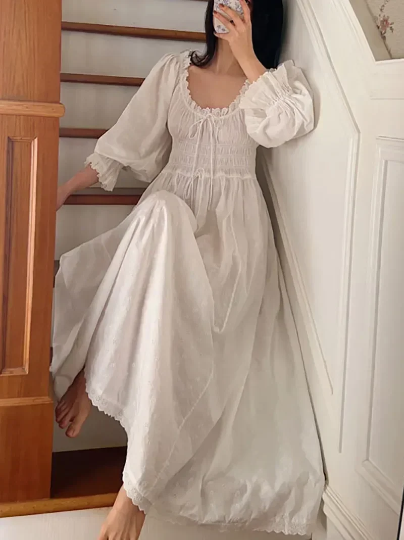 

Languid Night Pajamas Fairy Cotton Sleepwear U-neck Vintage Ruffles Spring Embroidery French Dress Nightgown Princess Lace-up