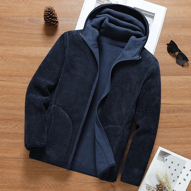 

Autumn Winter Men Polar Fleece Jacket Hooded Solid Outdoor Windproof Warm Softshell Camping Coat Male Loose Thermal Parka