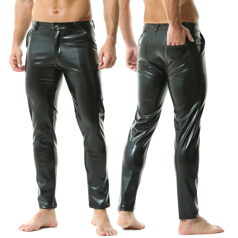 Mens Casual Zipper Faux Leather Pants Men Streetwear Nightclub Straight Trousers With Pockets Male Motorcycle Stage Short Pants leather pants skinny pants