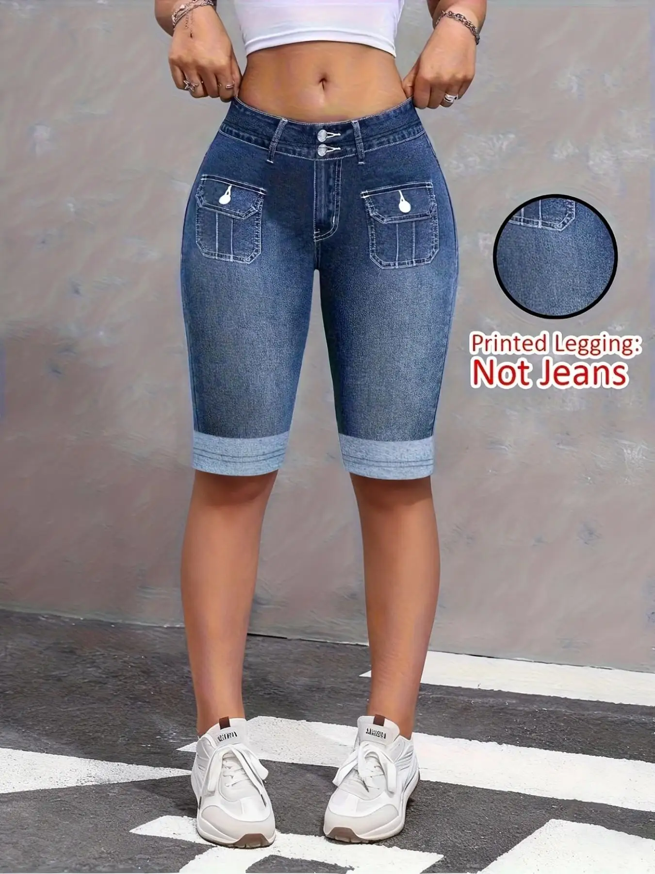 Women's Faux Denim Print Capri Leggings, Non-Denim Soft Skinny Yoga Pants 1