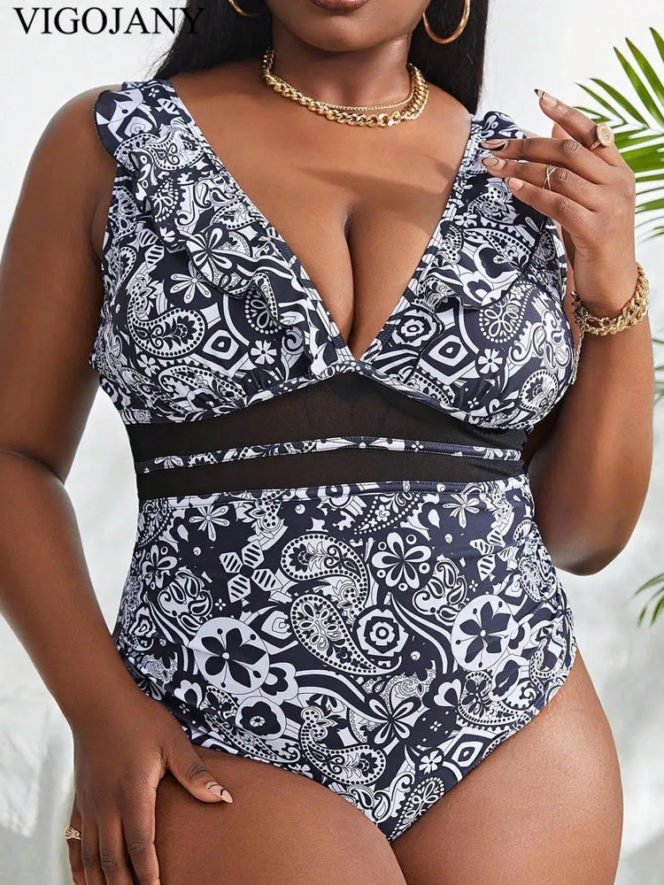 VigoJany 2025 Print Ruffle Plus Size Swimwear Women Strapped Push Up Large One Piece Swimsuit Backless Chubby Big Bathing Suit