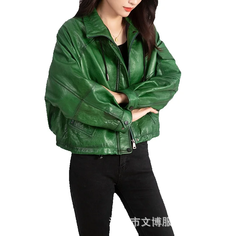 

New Genuine Leather Oil Wax Sheepskin Jacket For Women's Short Korean Loose Casual Hooded Jacket Trend