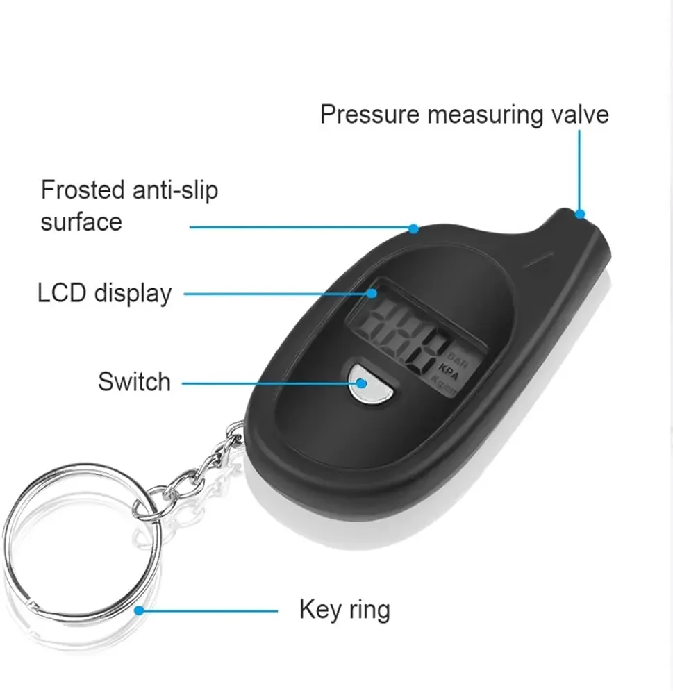 Digital Keychain Tire Gauge – Mini LCD Pressure Tester with Low Pressure Alert, for Car & Motorcycle, Portable Safety Tool