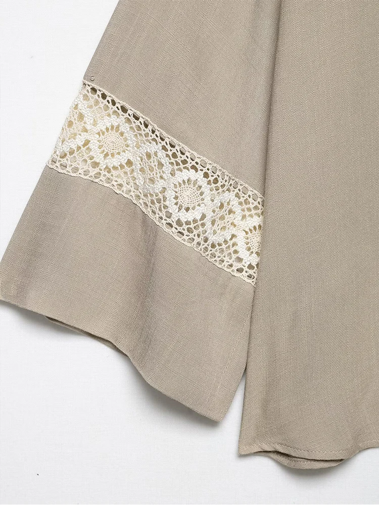 TFMLN New Women Summer Pant Sets Chic Hollow Embroidery Splice Decoration Lapel Blouses Top Solid High Waist Casual Trousers