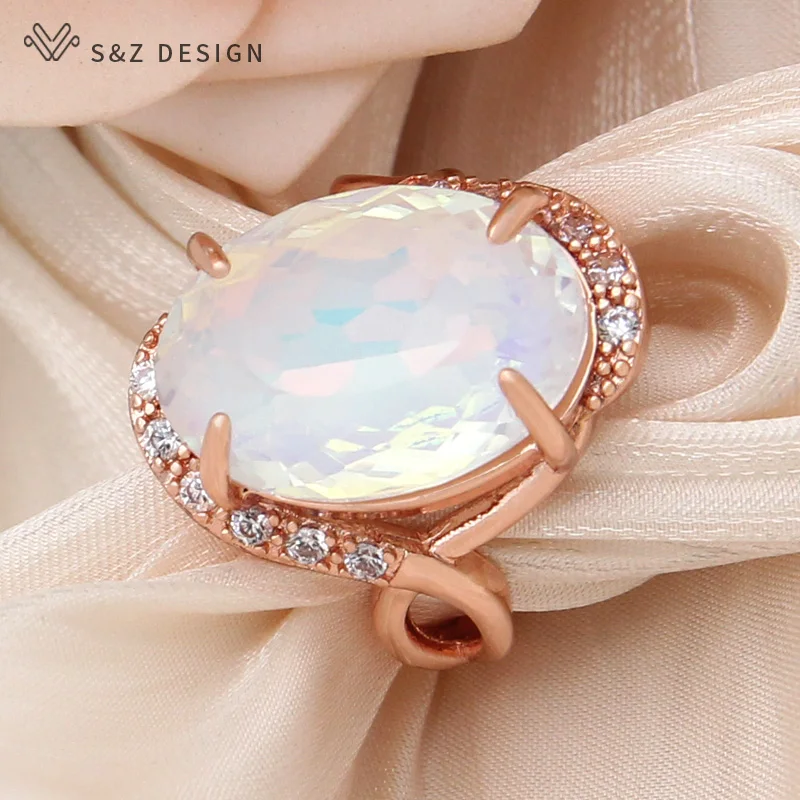 S&Z DESIGN New Fashion 585 Rose Gold Color Oval Egg Shape Crystal Rings For Women Wedding Cubic Zirconia Trendy Jewelry Gift