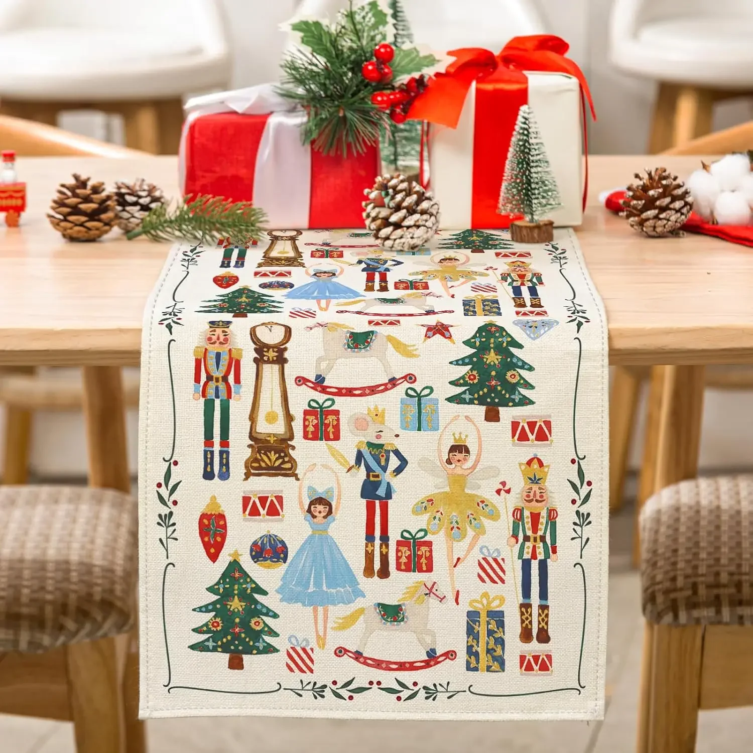 Christmas Watercolor Nutcracker Linen Table Runners Dresser Scarf Decor Farmhouse Dining Table Runners Navidad Decorations 2