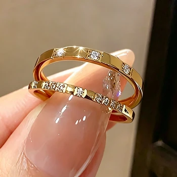 Yupsk 2pcs/set Fashion 316 L Stainless Steel Pave Micro Zircon Ring for Women Girls Golden Rings Set Party Jewelry Gift 1