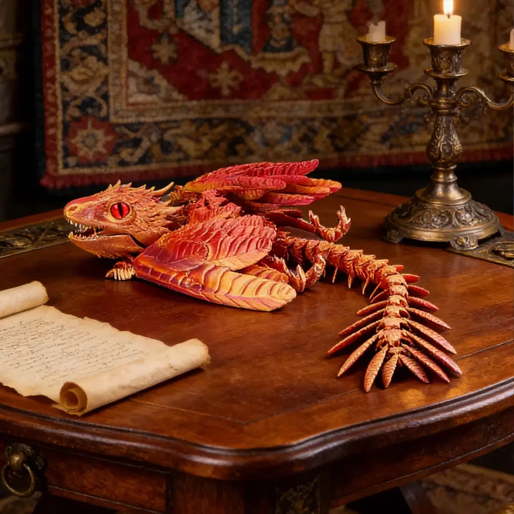 3D Printed Feathered Wyvern Dragon Figurine - Multi-Joint Movable Home Decor Ornament