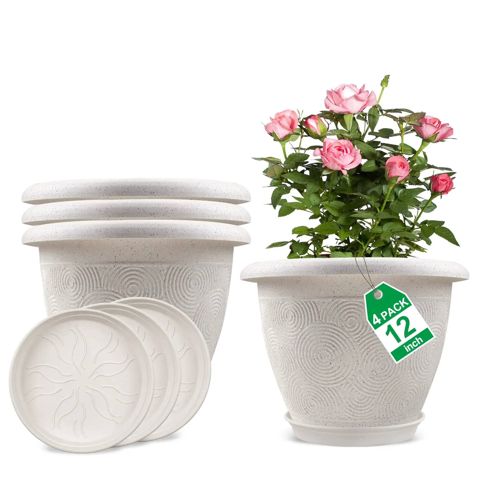 

16 Inch Large Planter Pot for Plants Indoor Outdoor, 4 Pack Plastic Flower Pots with Drainage Hole & Tray, Modern Decorative