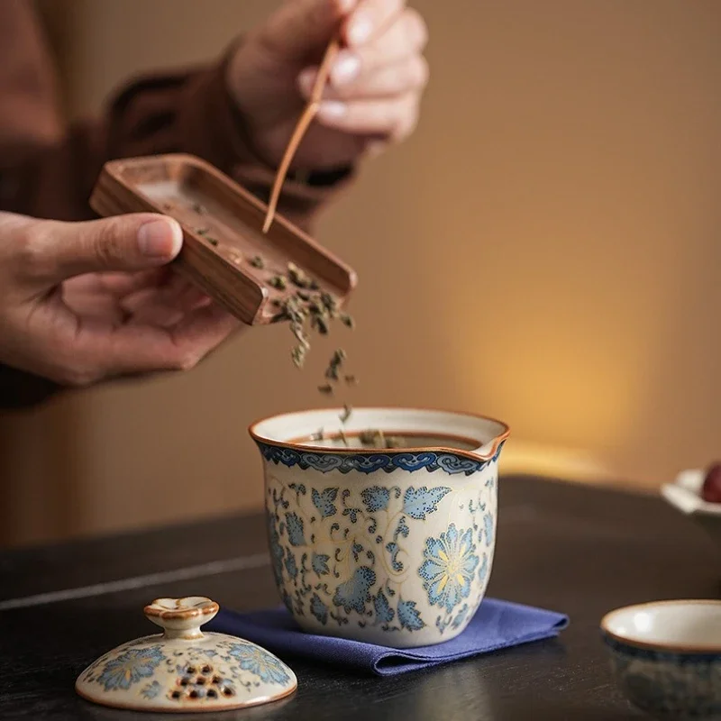 Blue & White Ru Porcelain Travel Tea Set - 1 Teapot 3 Cups, Portable Kung Fu Ceremony Kit with Lotus Pattern & Compact Case