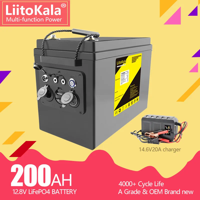 Liitokala 12.8V 200 Ahlifepo4 Battery Power Bank Per Camper Golf Cart Off-Road Off-Grid Solar Wind Per Rv Outdoor/5V/12V Output