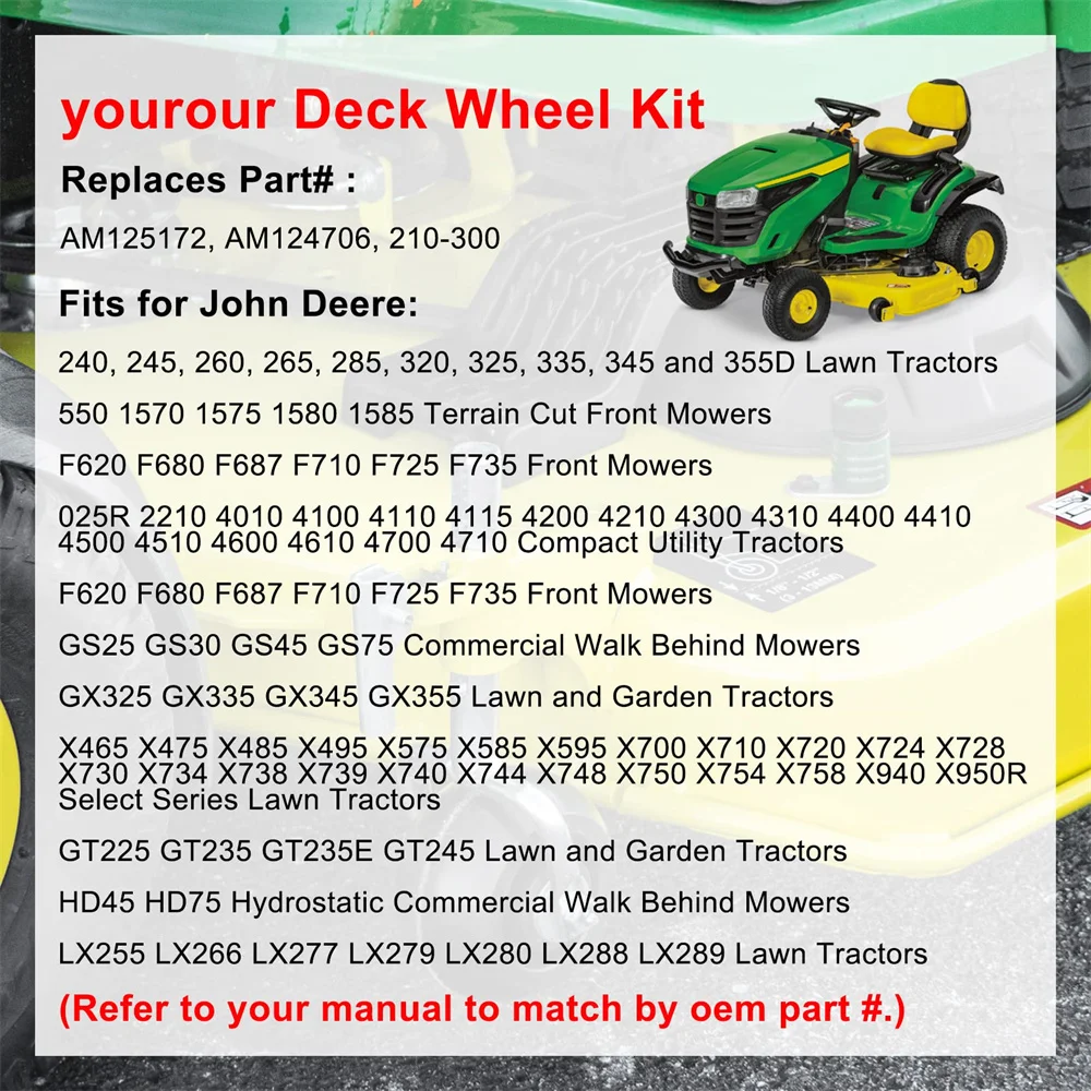 AM125172 Deck Wheel Kit Compatible with John Deere 48" 54" 60" 72" Deck Lawn Mowers Replace AM125172(4PCS) Cropper Tool Part