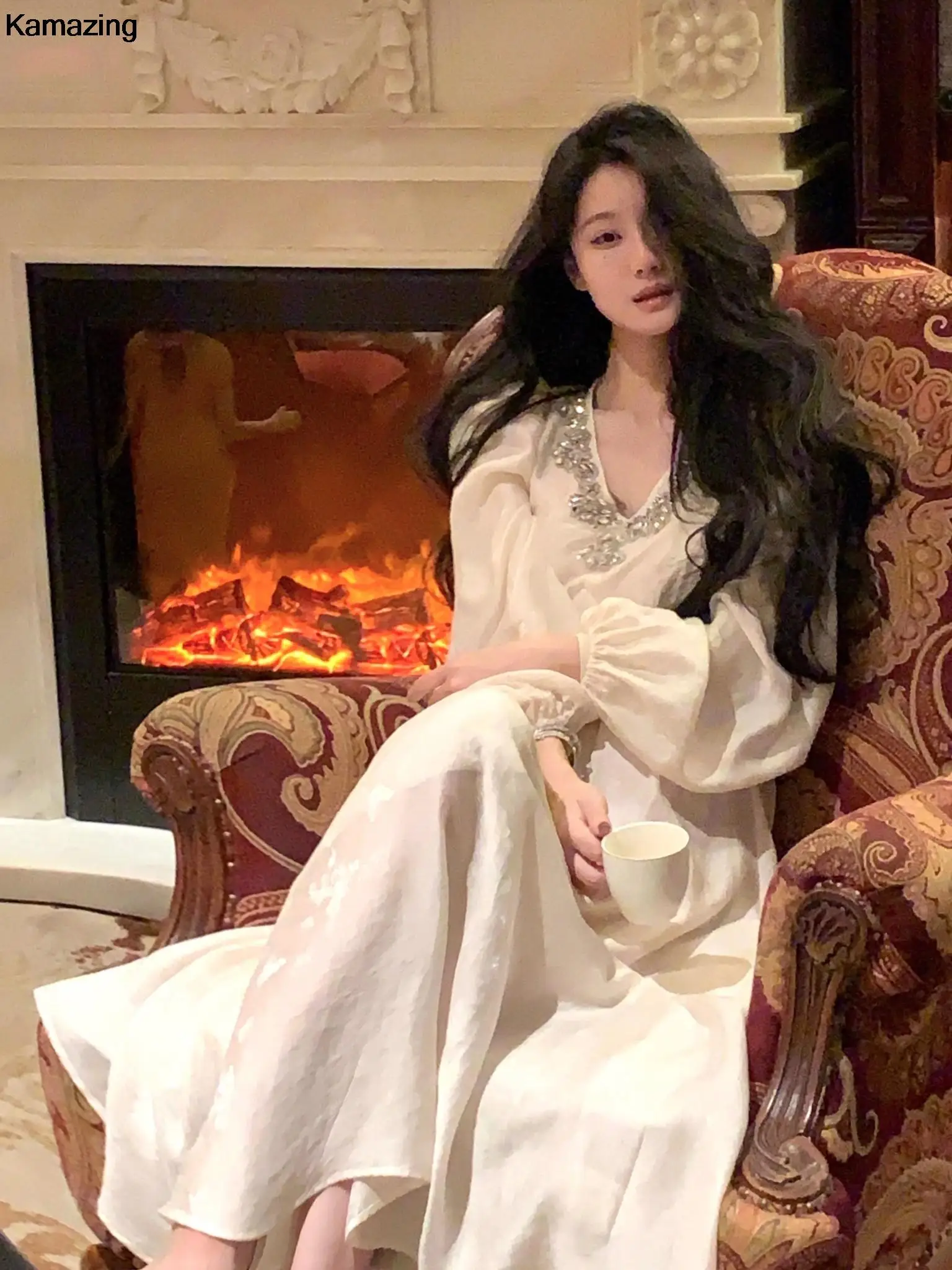 

Elegant Vintage Evening Party Long Dress Korean Fashion V-neck Velvet Lantern Sleeve A-line Vestidos Spring Autumn OL Clothes