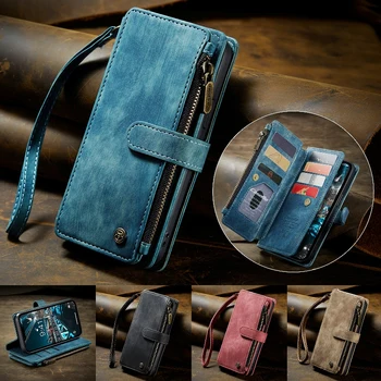 Magnetic Flip Phone Cover For iPhone 15 14 Plus 13 12 11 Pro X XS Max XR 7 8 Plus SE Zipper Wallet Card Wrist Rope Phone Bag