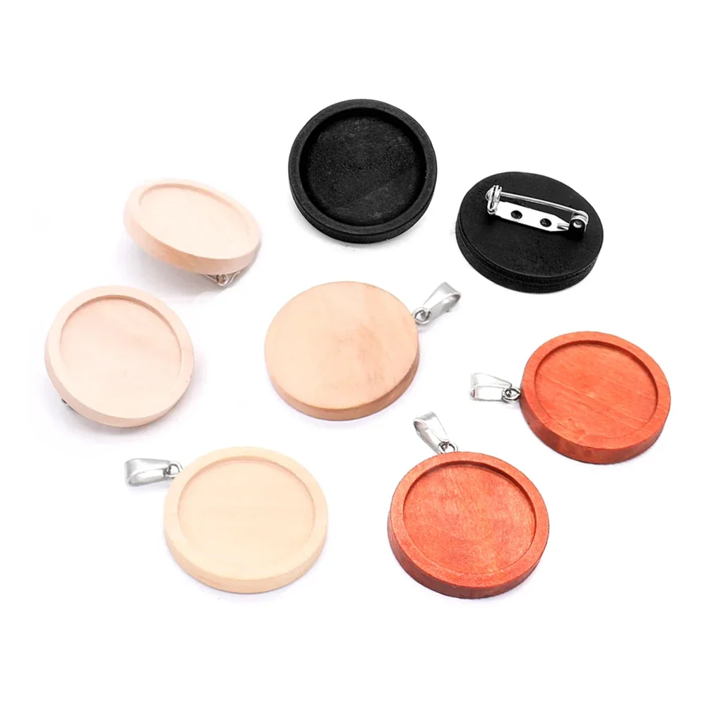 

10pcs Fit 25mm Stainless Steel Pinback Pendants Blank Wood Black Inlaid Cabochon Embossed Base Trays for DIY Jewelry Making