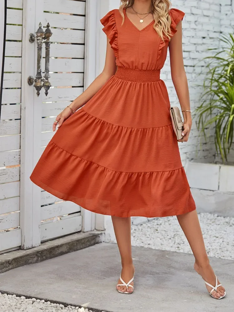 

Vacation Bohemian Summer Holiday Dress A-line Ruffles Midi Dress V-Neck Sexy Women Butterfly Sleeve Boho Beach Sundress