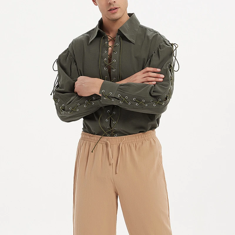 Mens Medieval Lace Up Pirate Mercenary Scottish Shirts Steampunk Gothic