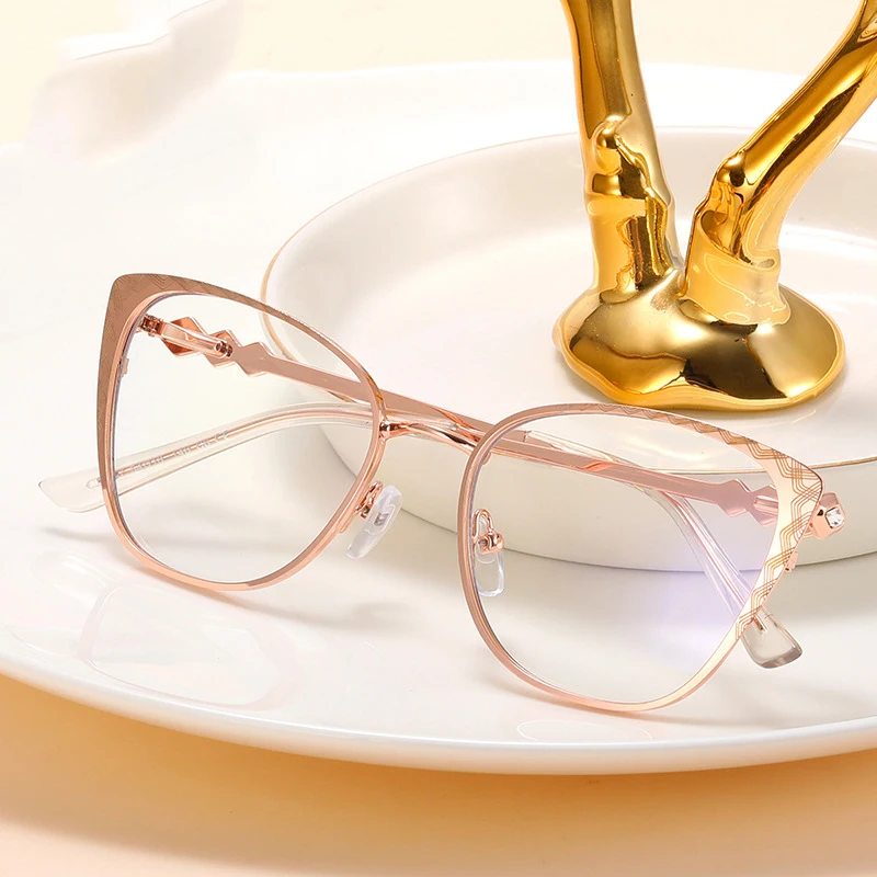 Elegant Women Metal Anti Blue Light Cat Eye Glasses Fashion Gold