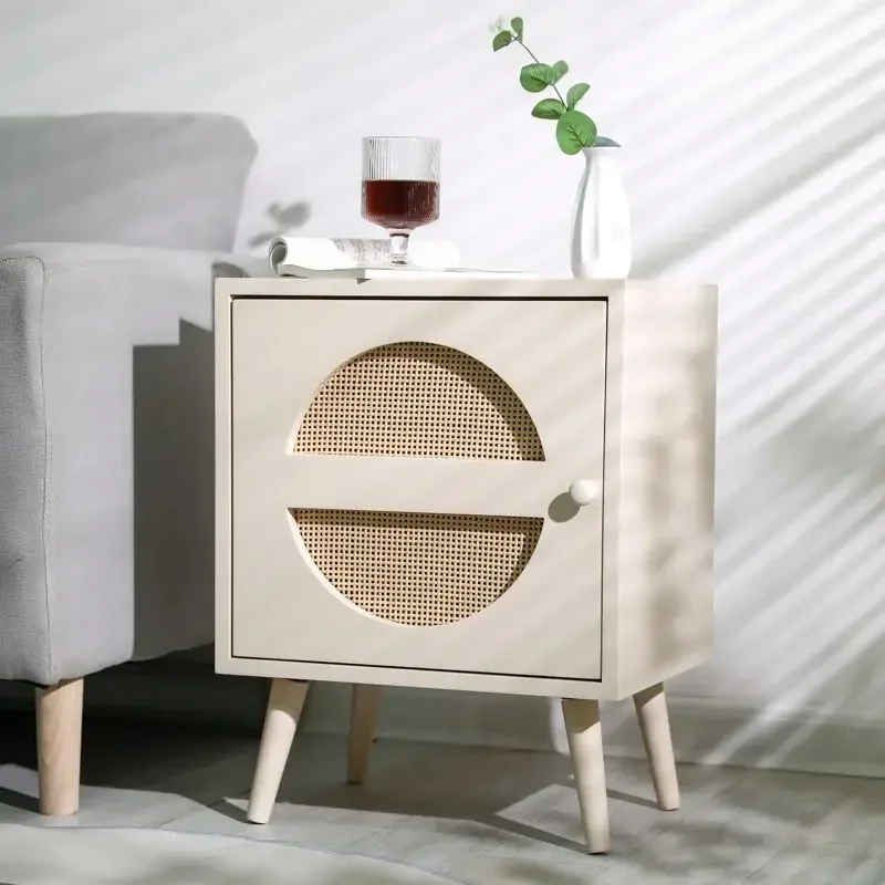 Room Bedroom Bedside Table Rattan Bedside Cabinet Storage Wood Cabinet for Homestay Hotel Home