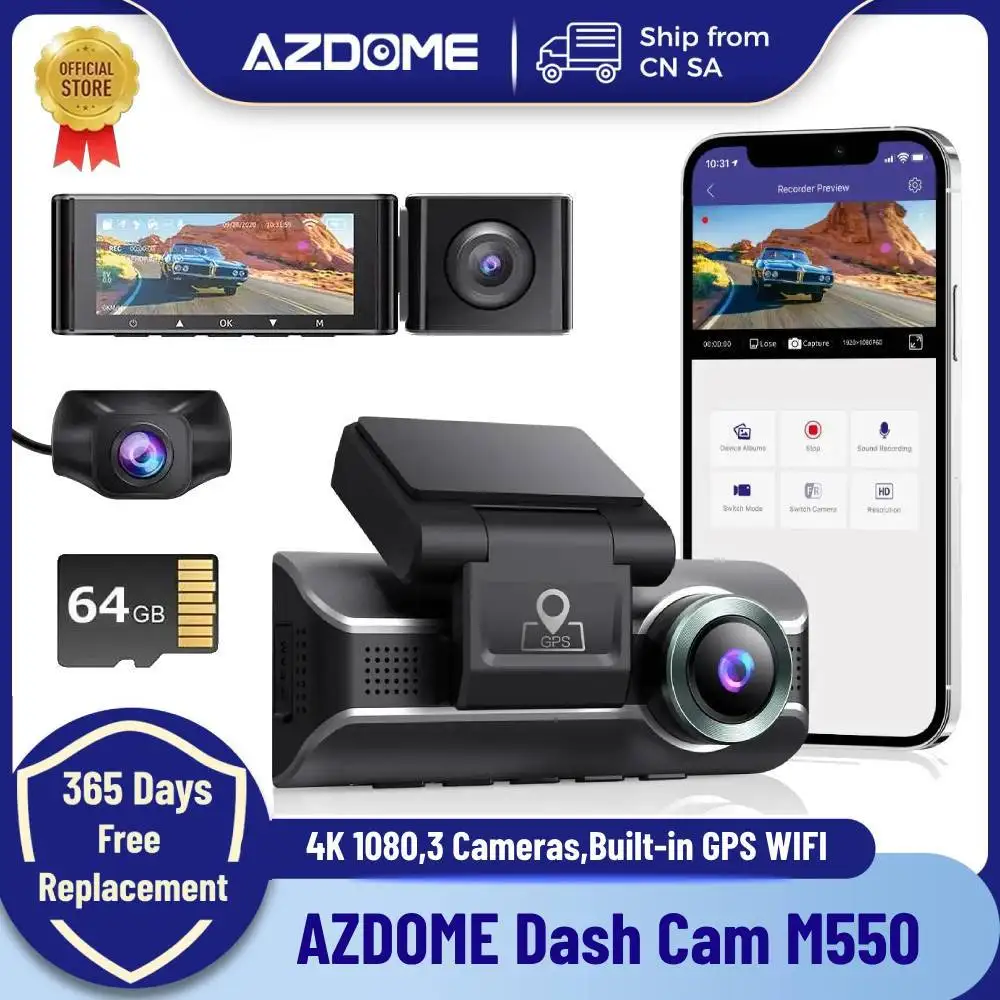 AZDOME Dash Cam M550-3CH 4K Car DVR 3 Cameras 1080 Rear Cam Recording With GPS Night Vision WIFI Parking Monitor Car