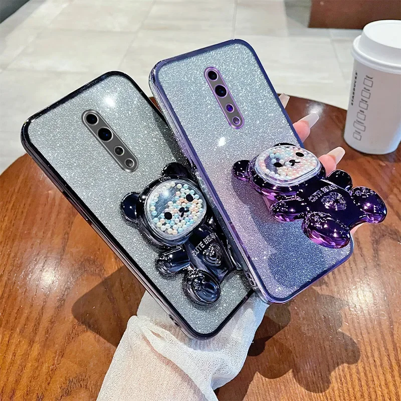 Soft Silicone Bling Shockproof Electroplated TPU Phone Case with Cute Bear Stand