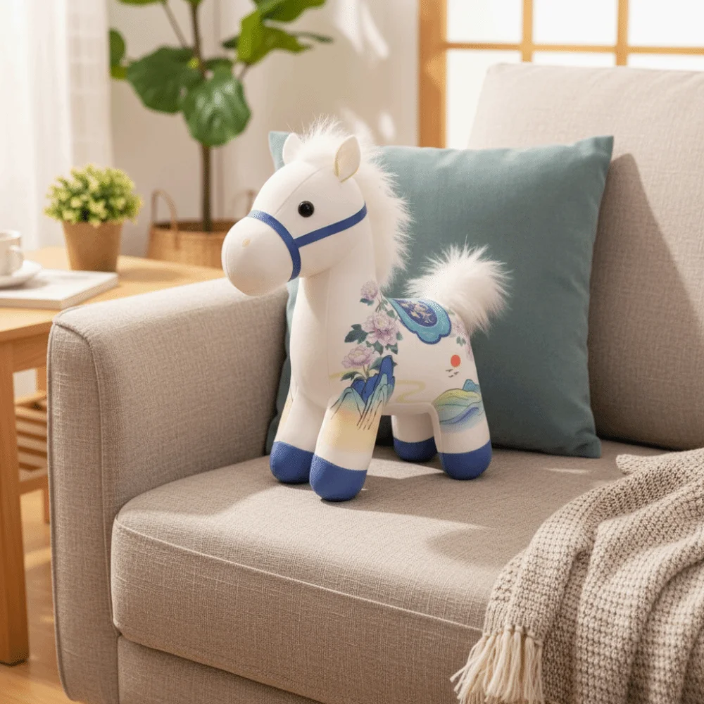 Chinese Style Cartoon Steed Doll PP Cotton Fluffy Zodiac Pony Figurine Collection Soft Plush Horse Doll Pendant Birthday Gift