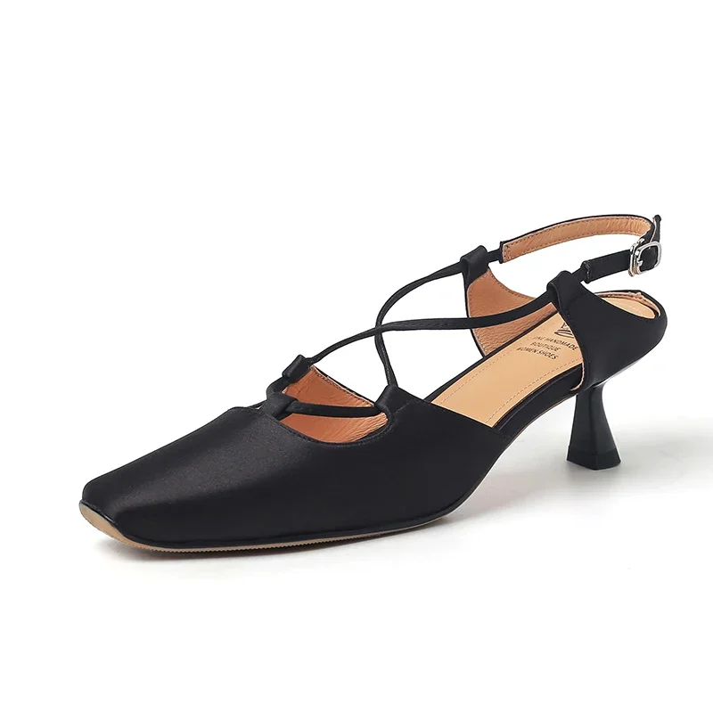 

2024 summer women sandals natural leather shoes 22-24.5cm satin +sheepskin+pigskin Square head cross loop high heel shoes women