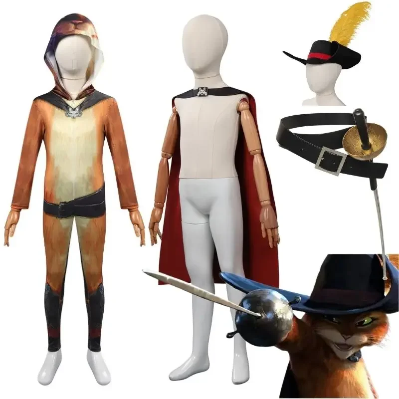 Cospays Puss In Boots Cintura Spada Costume Cosplay Bambini Cospays Cat Costume Outfit Accessori Halloween Travestimento Costumi Vestito