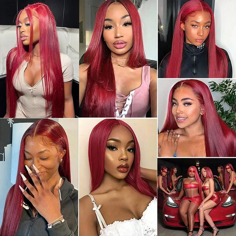 99j Burgundy Lace Front Wigs Human Hair 28 Inch 13x4 HD Transparent Lace Straight Red Wig Human Hair