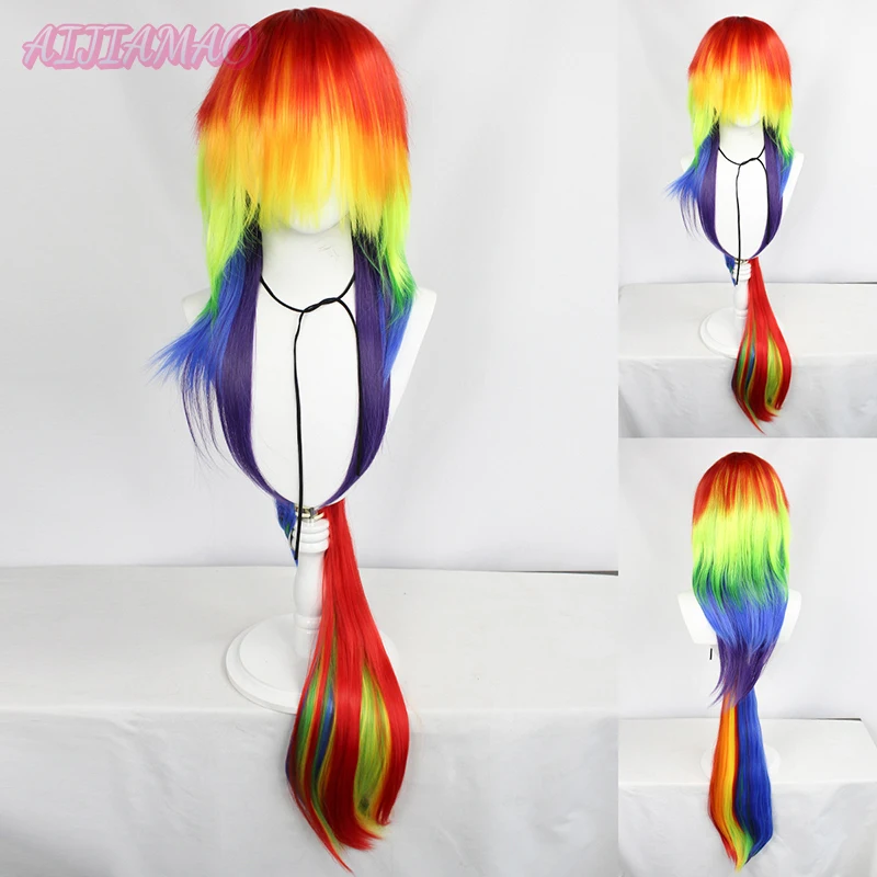 Parrucca Cosplay Pony Rainbow Dash Multi Color Heat Resistanct Parrucche Sintetiche Per Capelli Cosplay + Cappuccio Per Parrucca