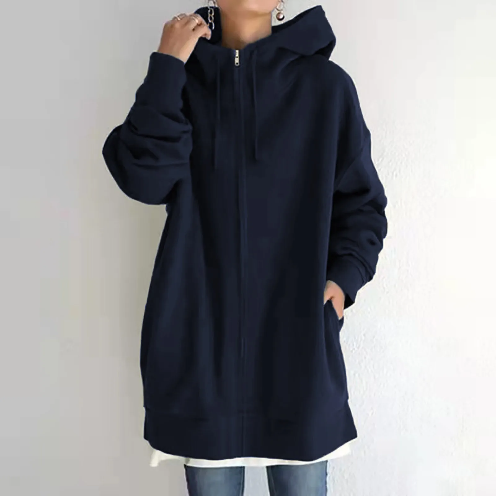 

Baggy Solid Color Hooded Sweatshirt Women Fashion Loose Oversized Hoodie Streetwear Pocket Zipper Drawstring Long Sleeve Clothes