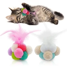 

High Quality Pet Supplies Colorful Elastic Feather Bouncy Ball Rattan Ball Cat Scratch Interactive Toy Pink White